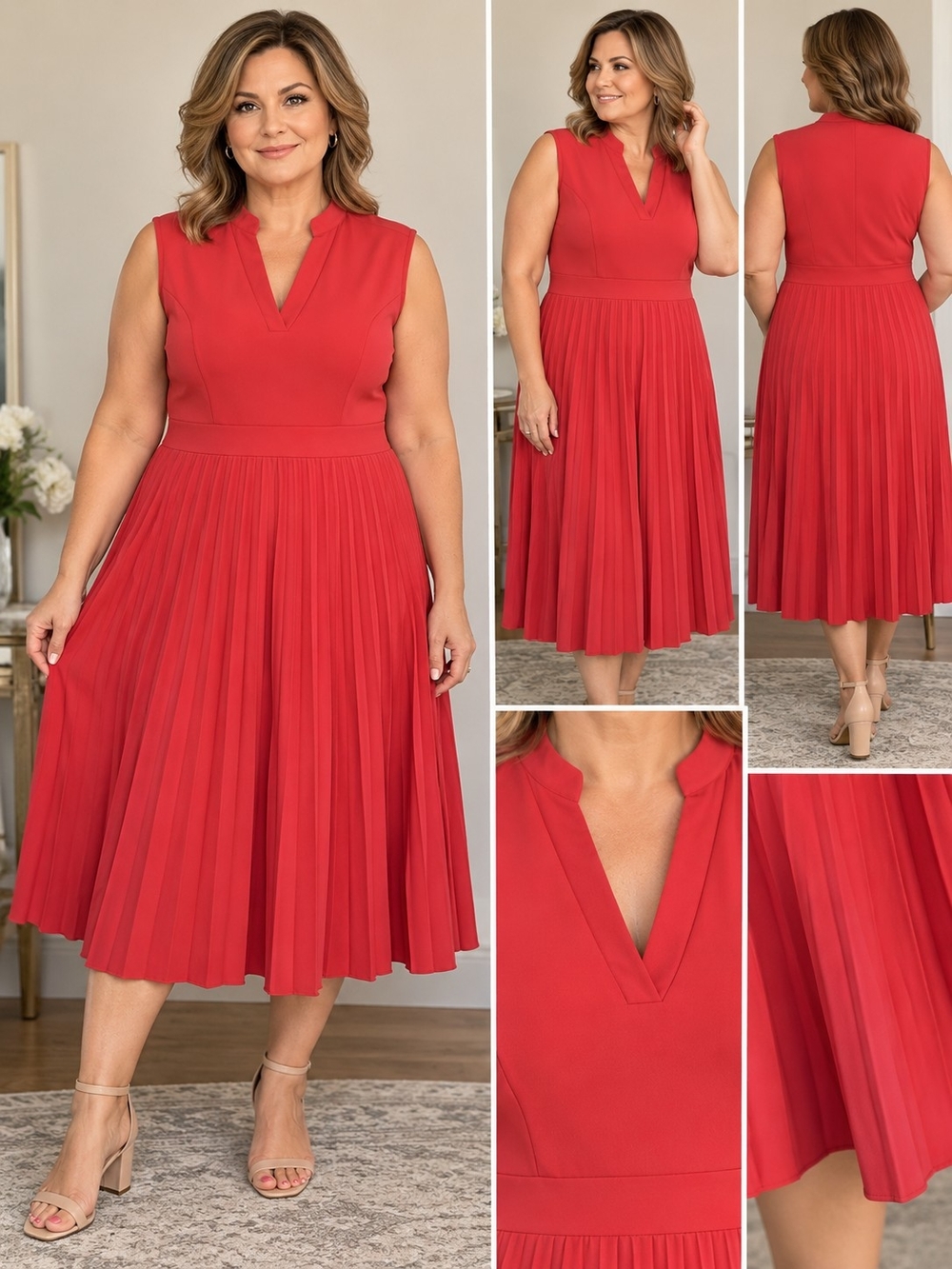 Women’s Plus Size Raspberry Pleated Midi Dress 1X 2X Sleeveless V-Neck